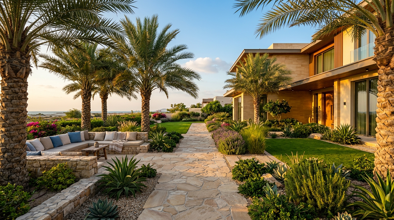 Shaded villa garden in Bahrain with layered planting, a paved path and lawn.